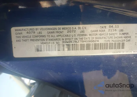 2011 Volkswagen Jetta 2.0L S from USA, damaged, VIN 3VW2K7AJ7BM096824